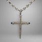 White gold link chain & cross pendant with diamonds and blue gemstones