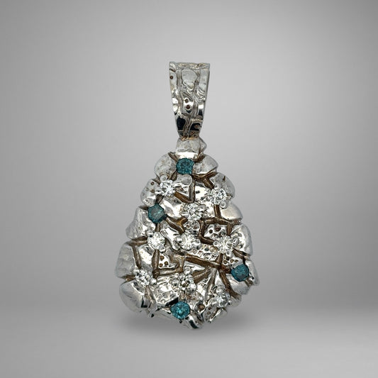 White gold nugget pendant with diamonds and blue gemstones