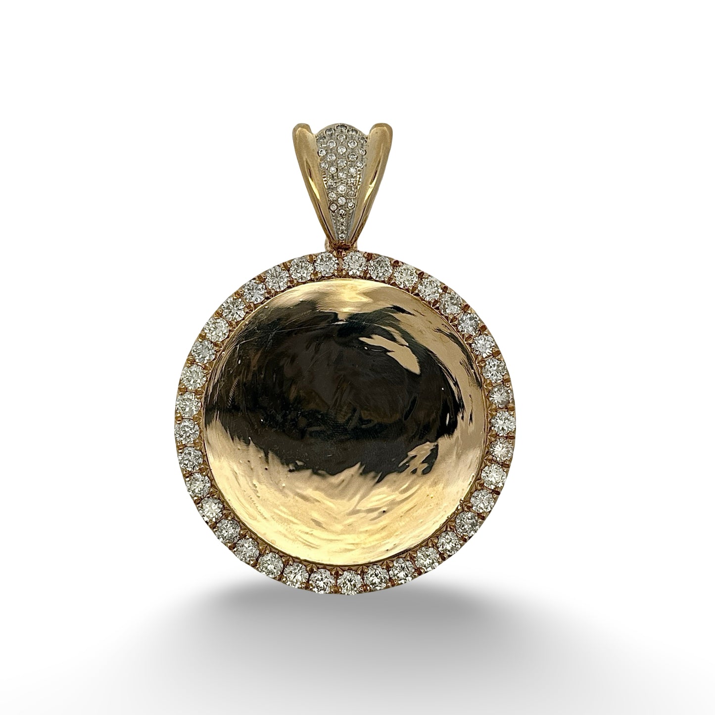 Yellow gold round photo pendant with diamonds on the bail and around the pendant