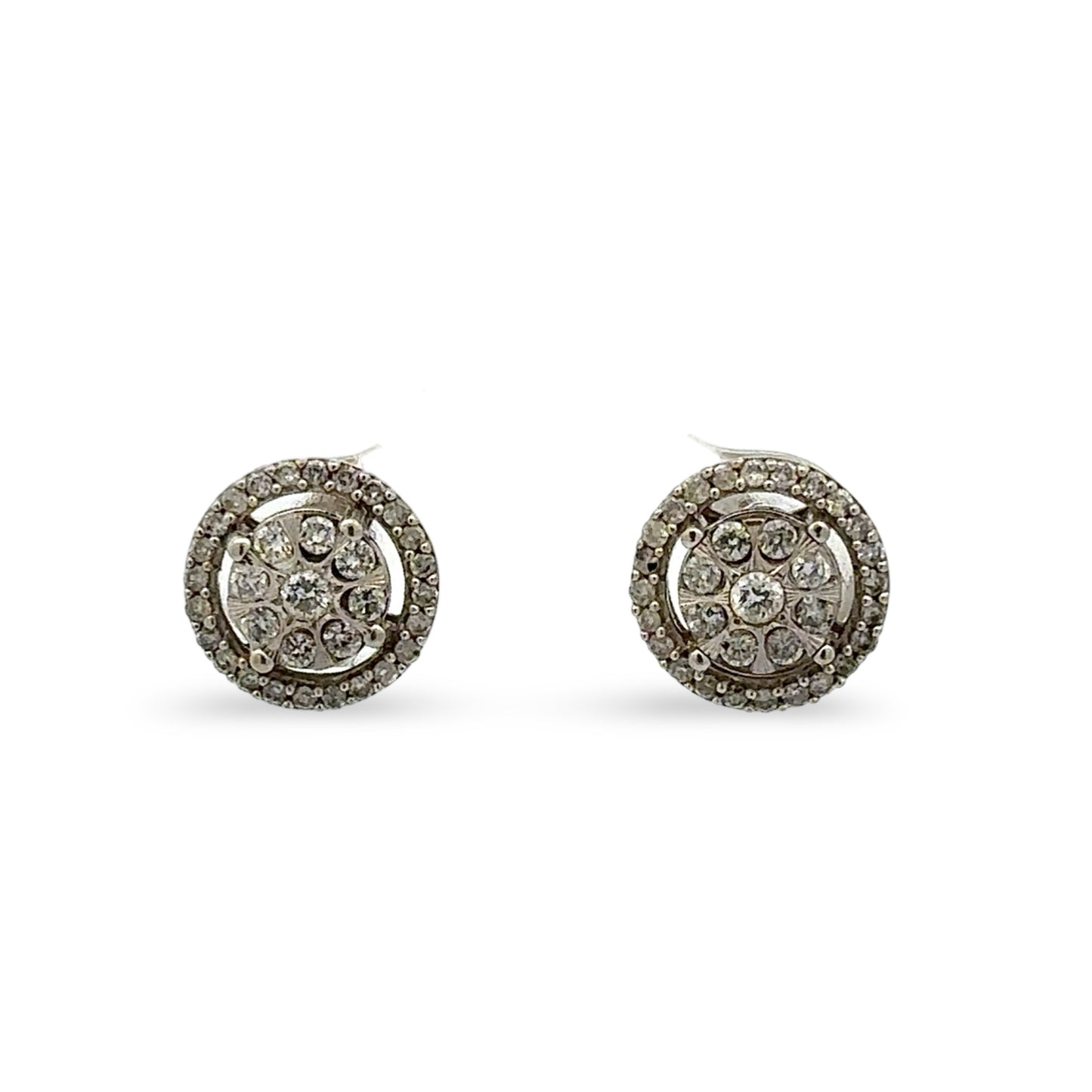 Pair of round earrings with diamonds on a white background