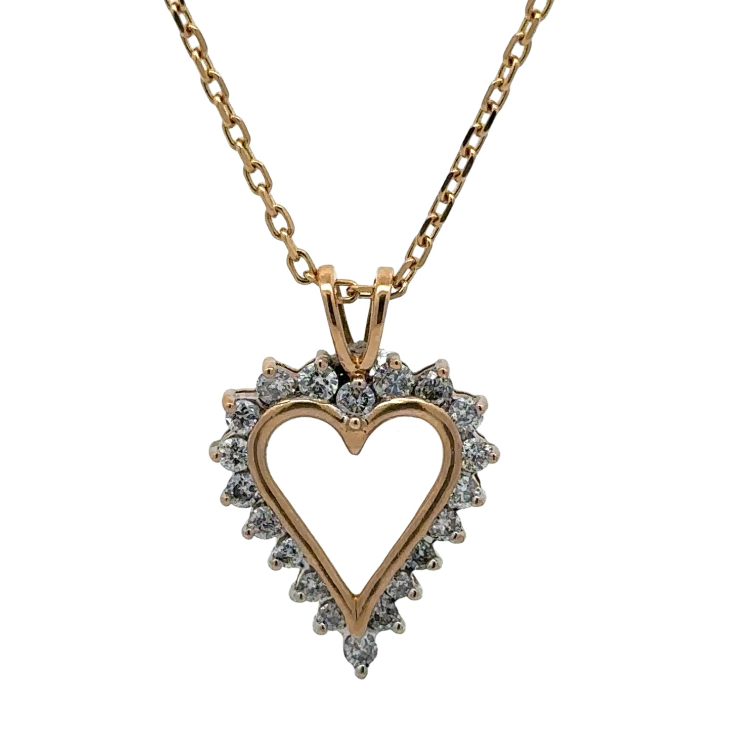 Open heart diamond pendant on a yellow gold link chain