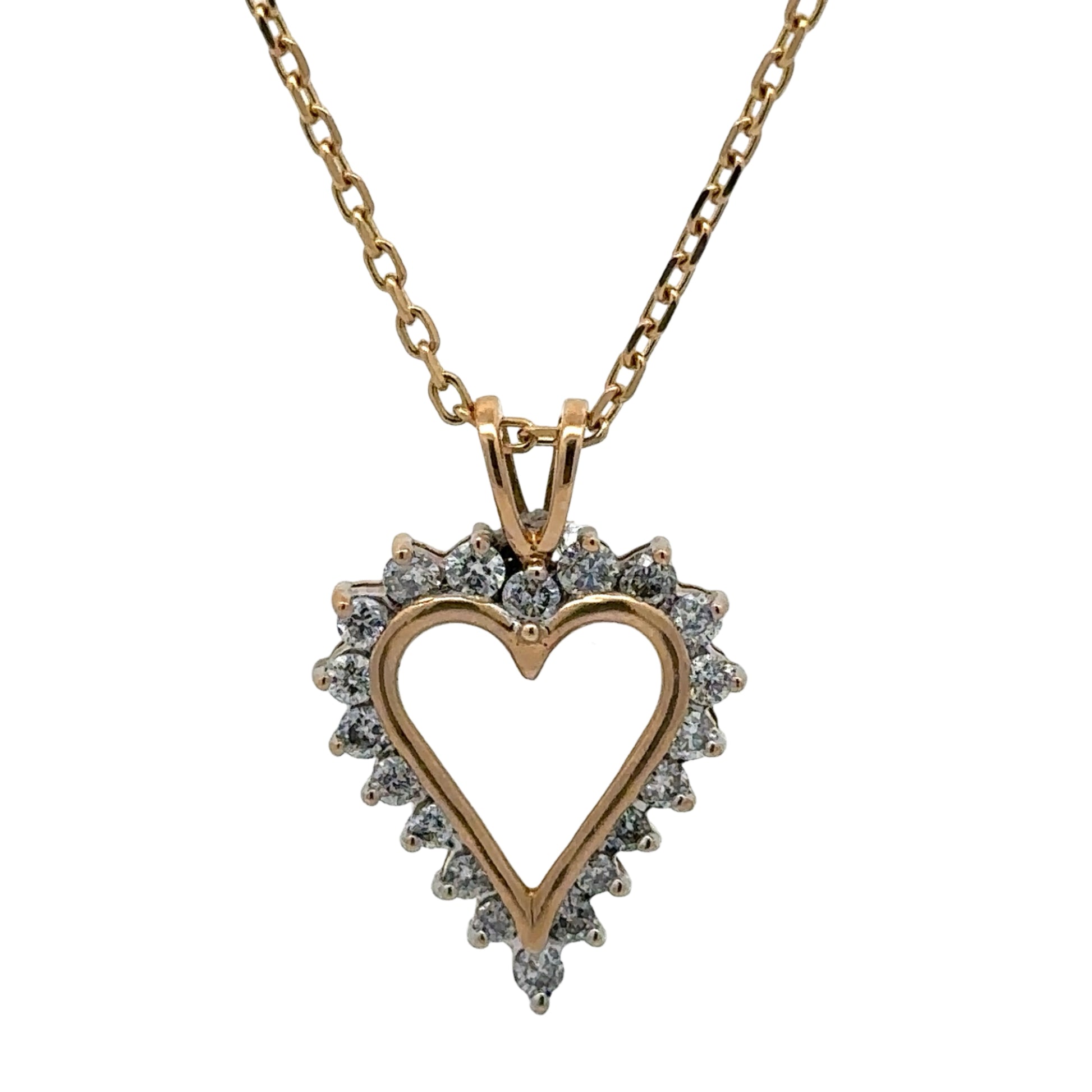 Open heart diamond pendant on a yellow gold link chain