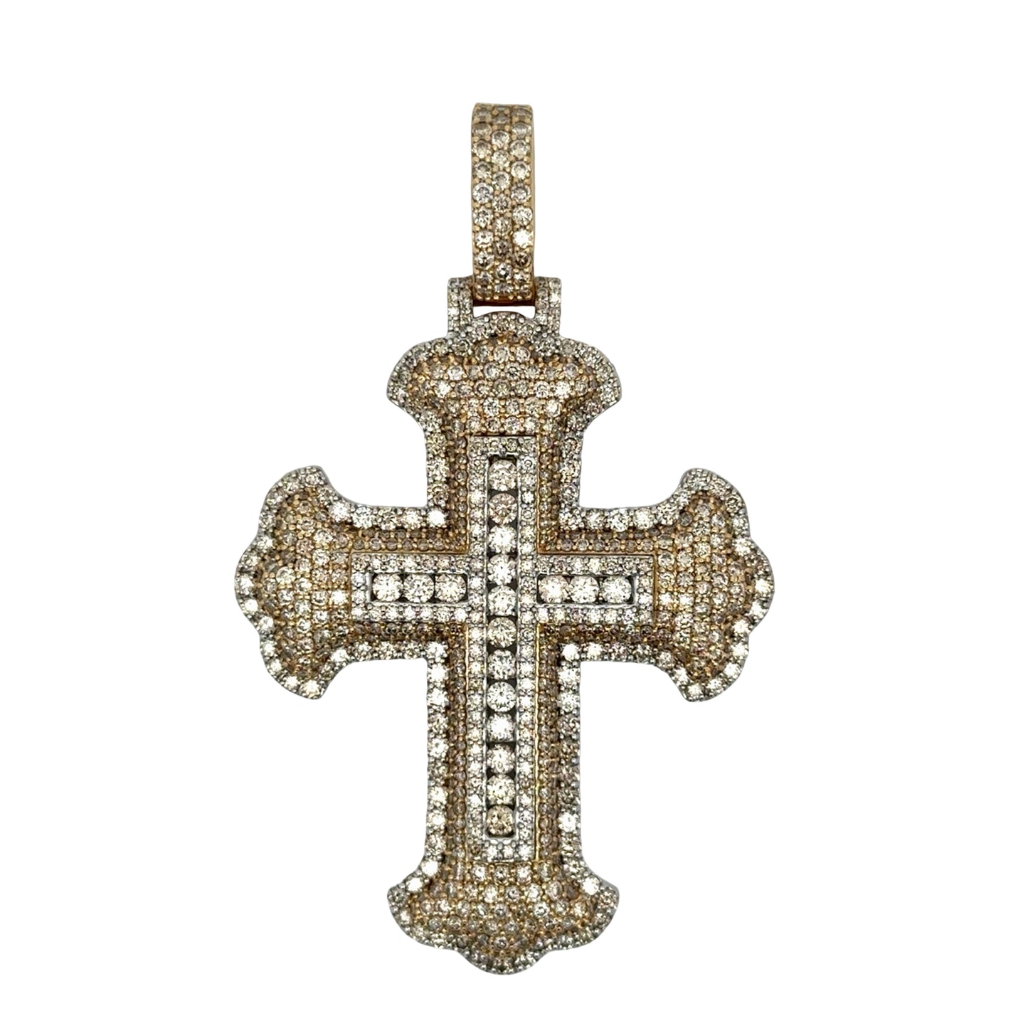 Decorative cross pendant with diamonds on a white background