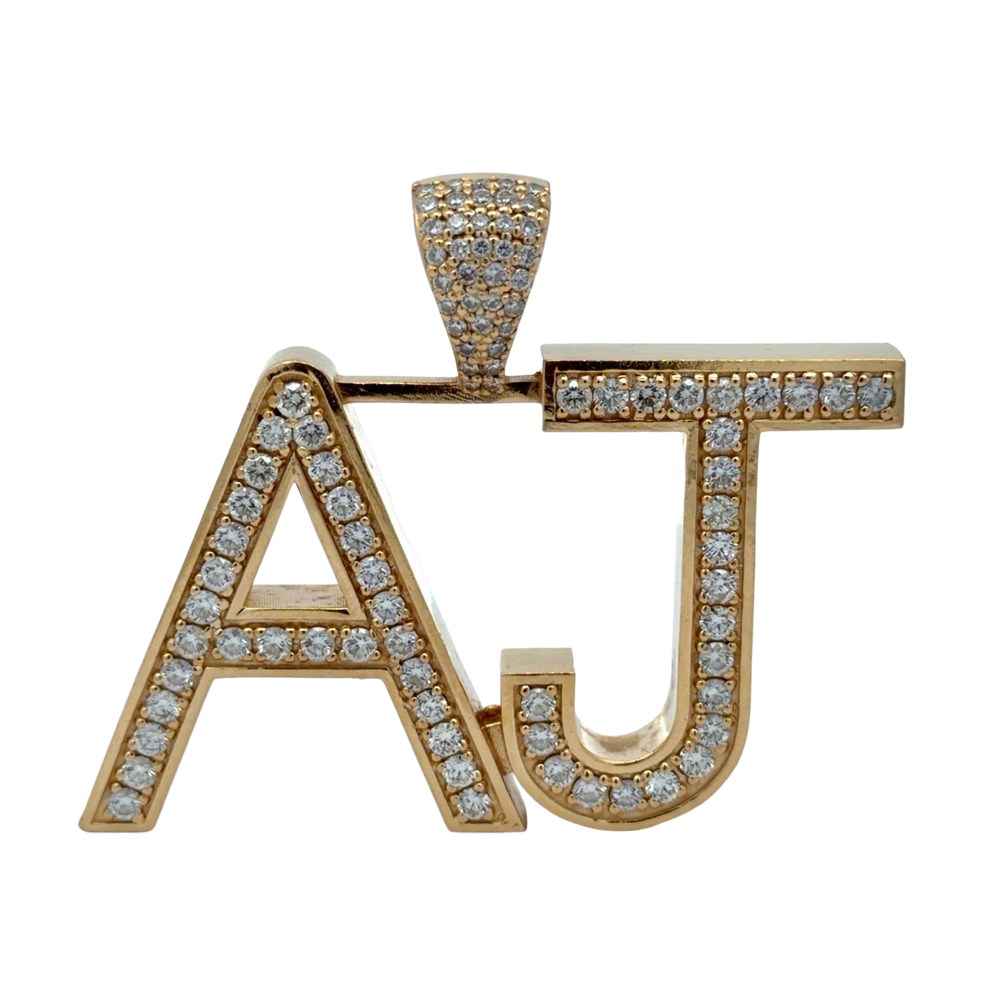 Yellow gold AJ pendant with diamonds