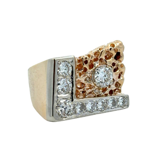 Yellow gold nugget ring with white gold accent and round diamonds