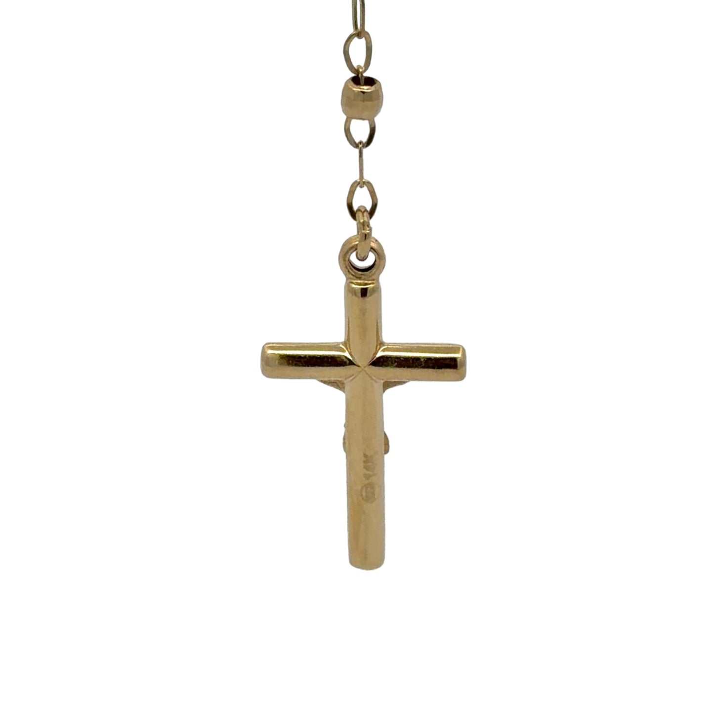 Back of gold crossn pendant with 14K stamp on white background