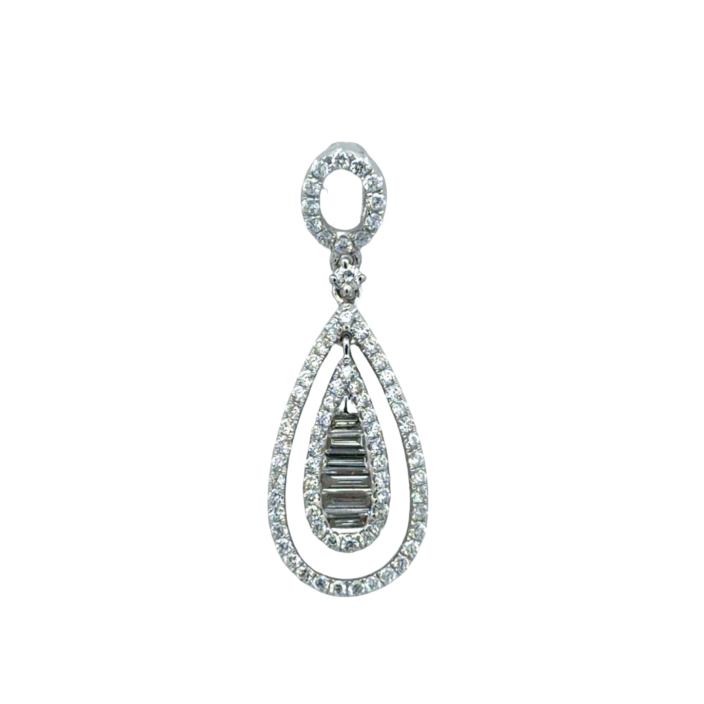 Teardrop-shaped diamond pendant on a white background