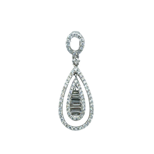 Teardrop-shaped diamond pendant on a white background