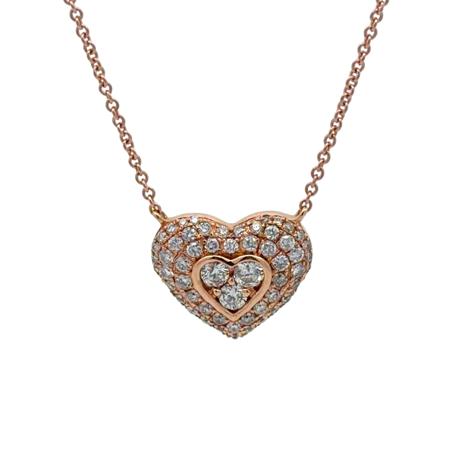 Rose gold heart-shaped necklace with diamonds on a white background
