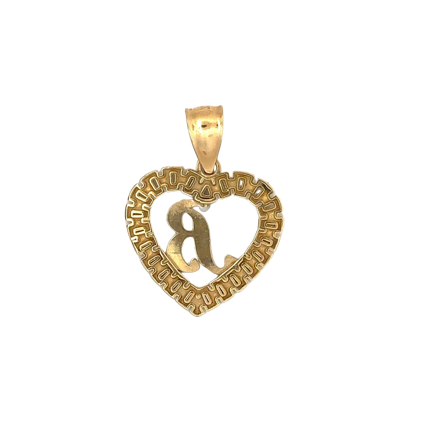 Back of yellow gold B heart pendant with scratches on the gold