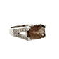 Diagonal view of white gold ring with small round diamonds on the band and oval-shaped smoky quartz gemstone in the center.