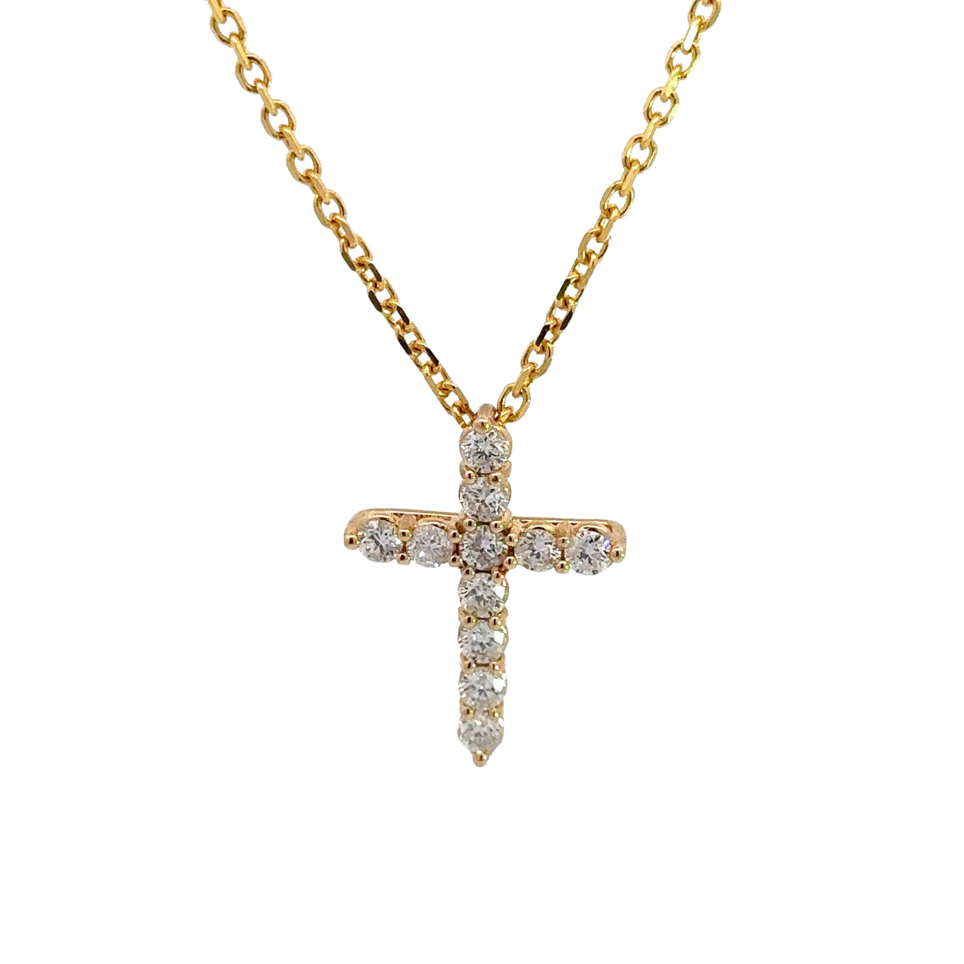 Front of diamond cross necklace with 11 round diamonds