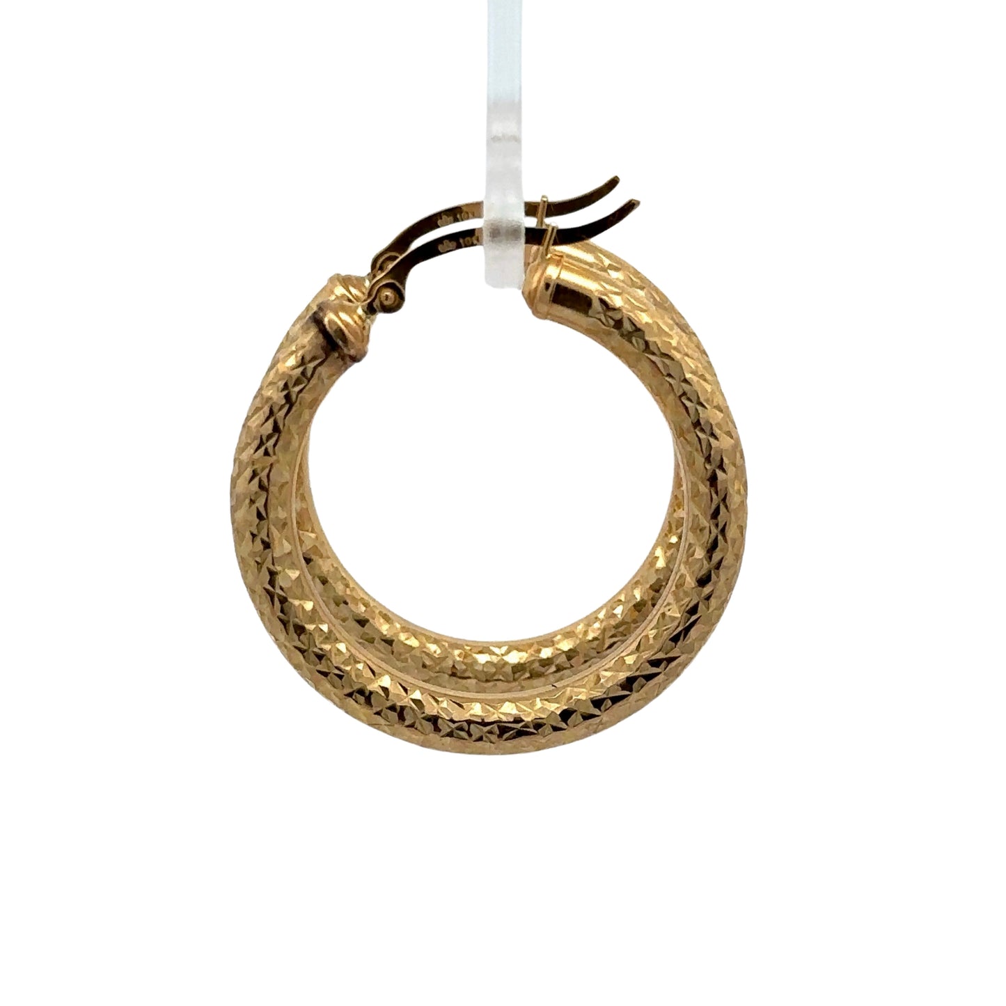 side of yellow gold textured hoops