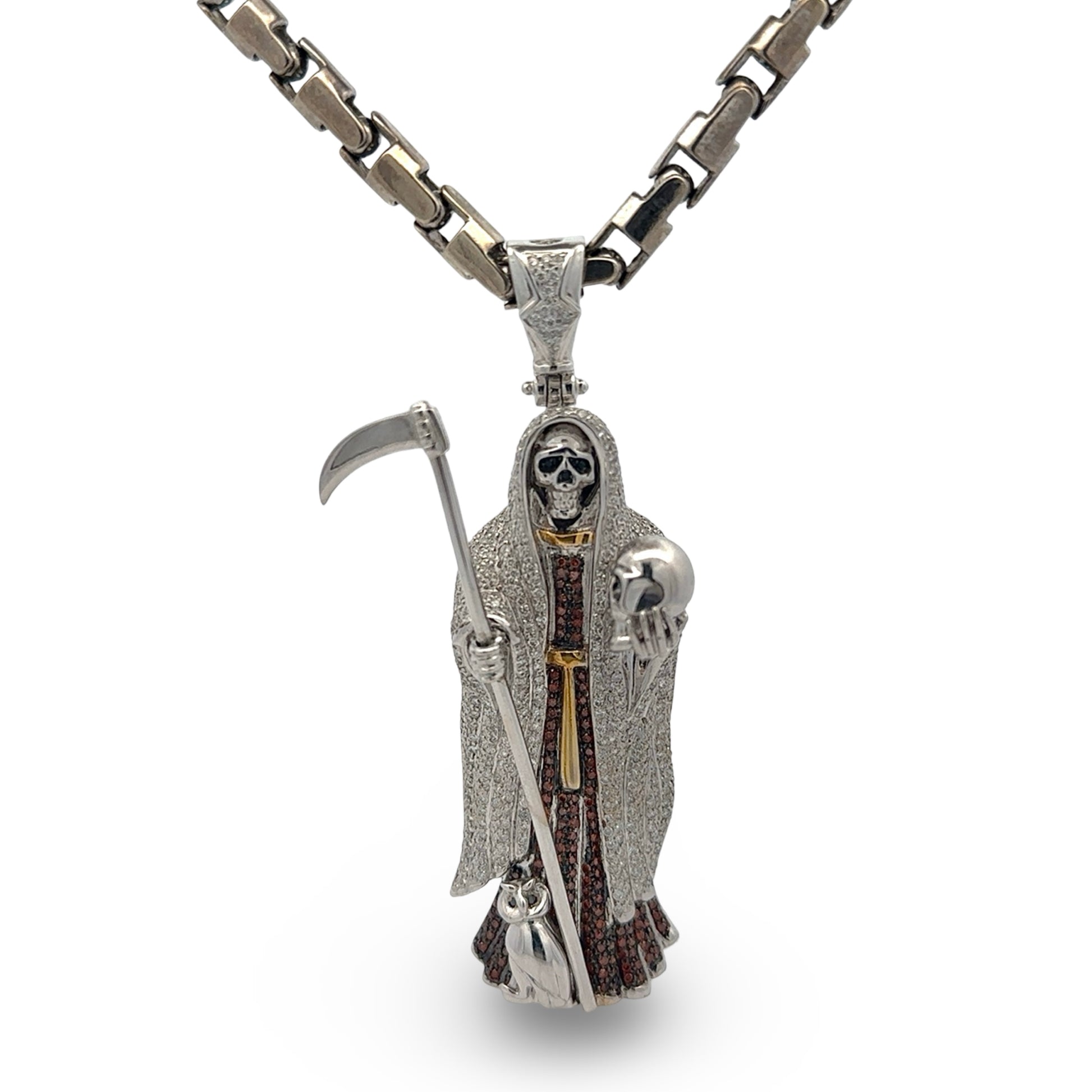 Grim reaper pendant with an owl holding a scythe on a white background