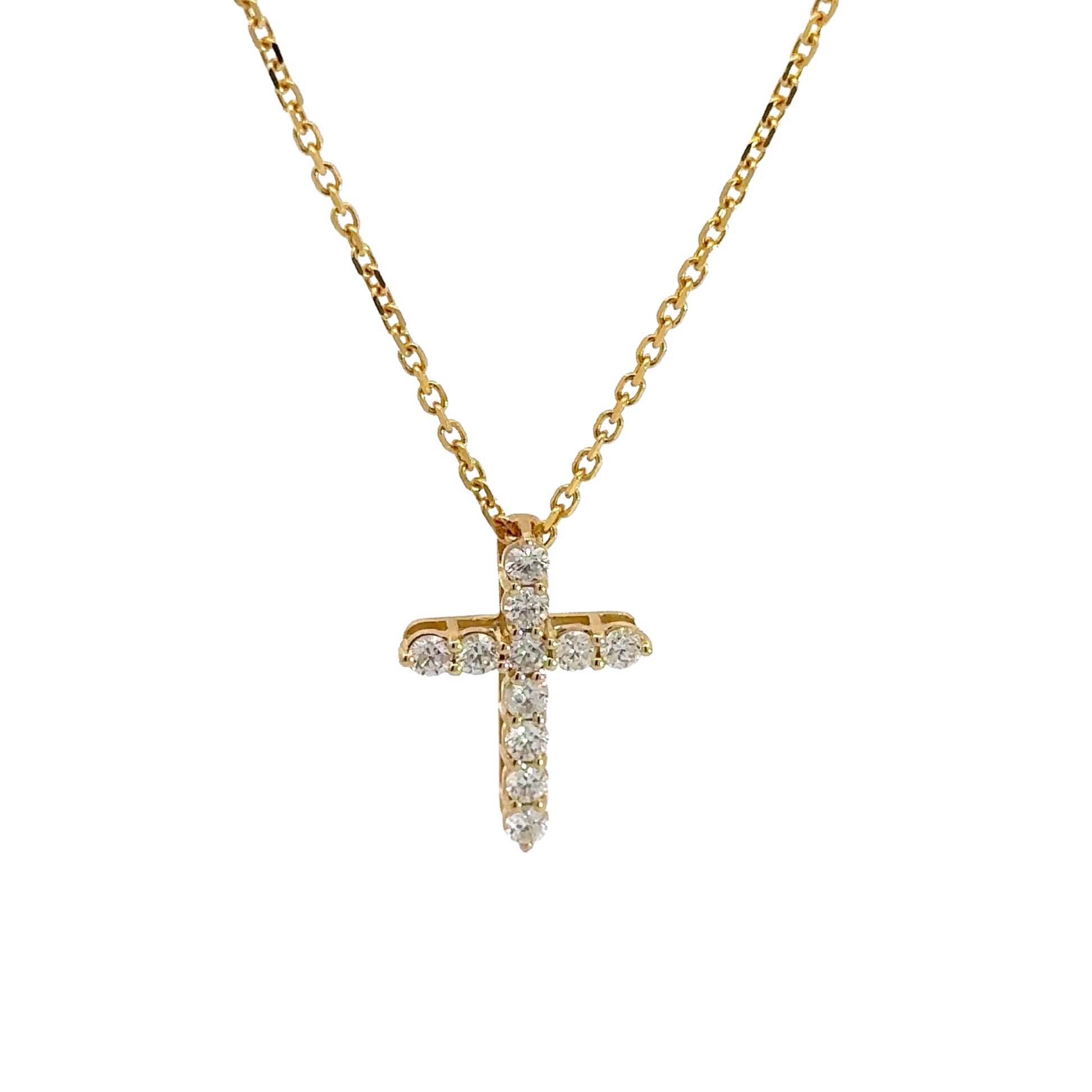 Front of yellow gold diamond cross with 11 round natural diamonds