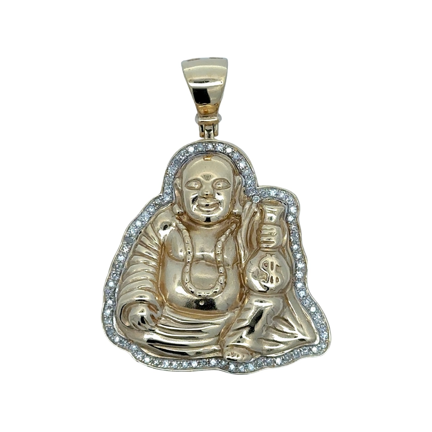 Gold Buddha pendant with a dollar sign on a white background