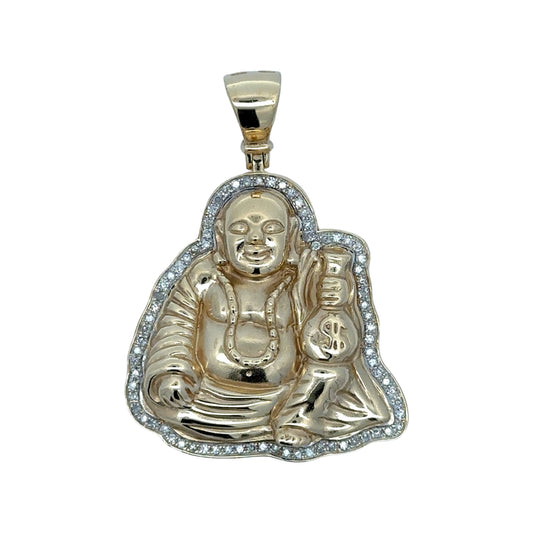 Gold Buddha pendant with a dollar sign on a white background