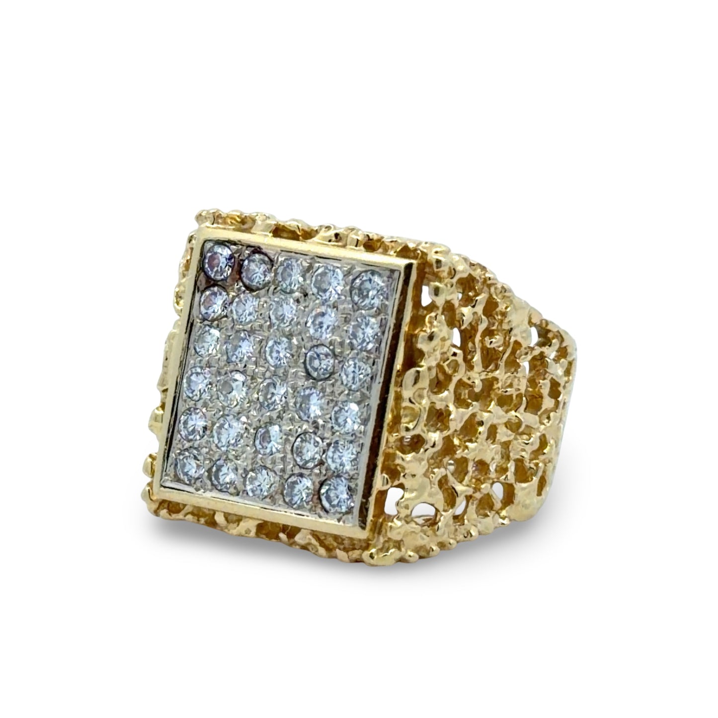 Gold nugget ring with diamond-studded square center on a white background