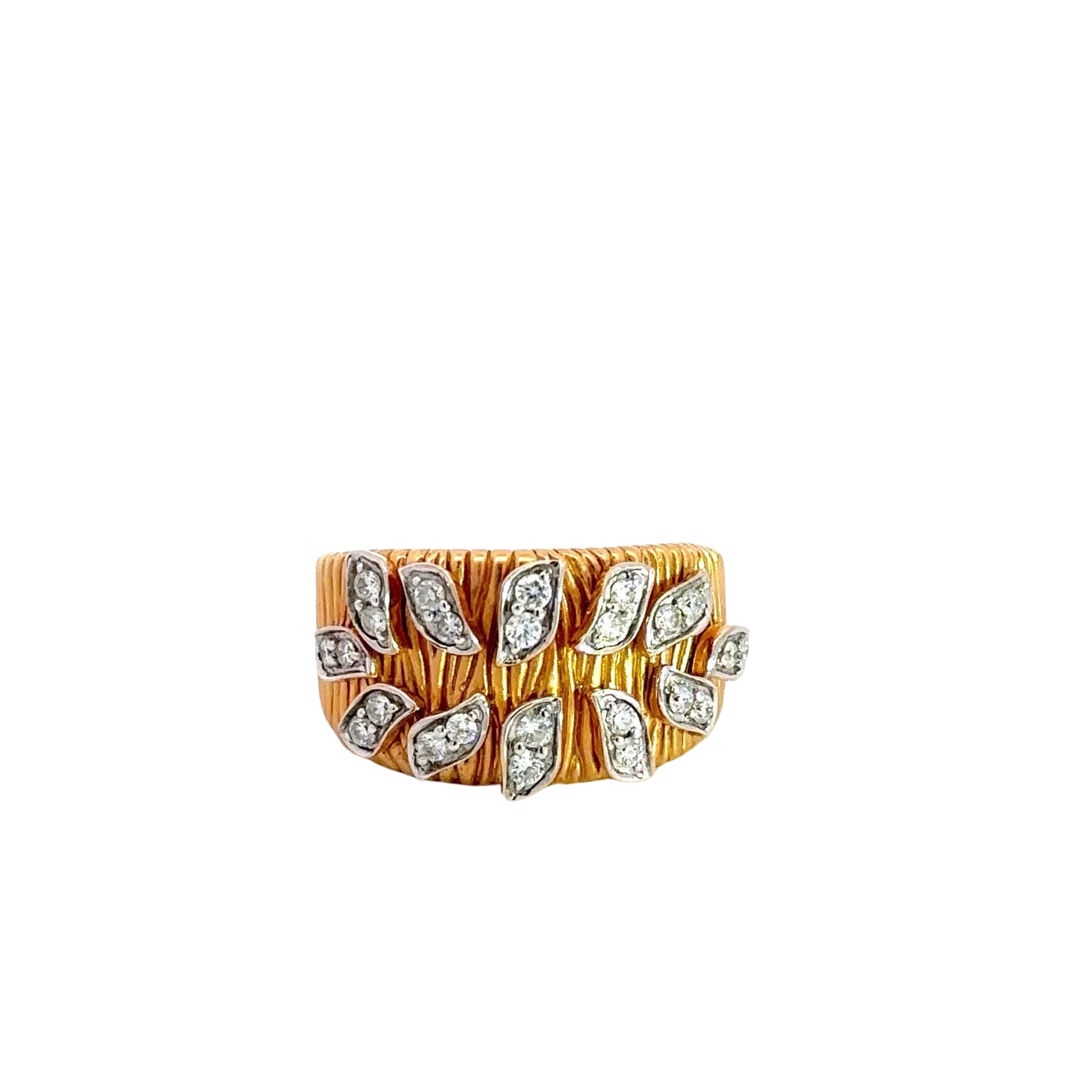 Front of ring with 24 Round Natural Diamonds in pairs of 2 on textured design gold