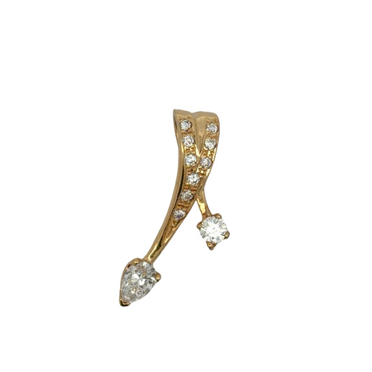 Yellow gold pendant with round and pear-shaped diamonds on white background