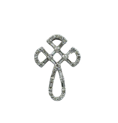 White gold cross pendant with open work and diamonds on a white background