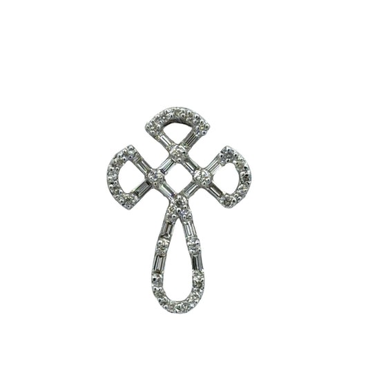 White gold cross pendant with open work and diamonds on a white background