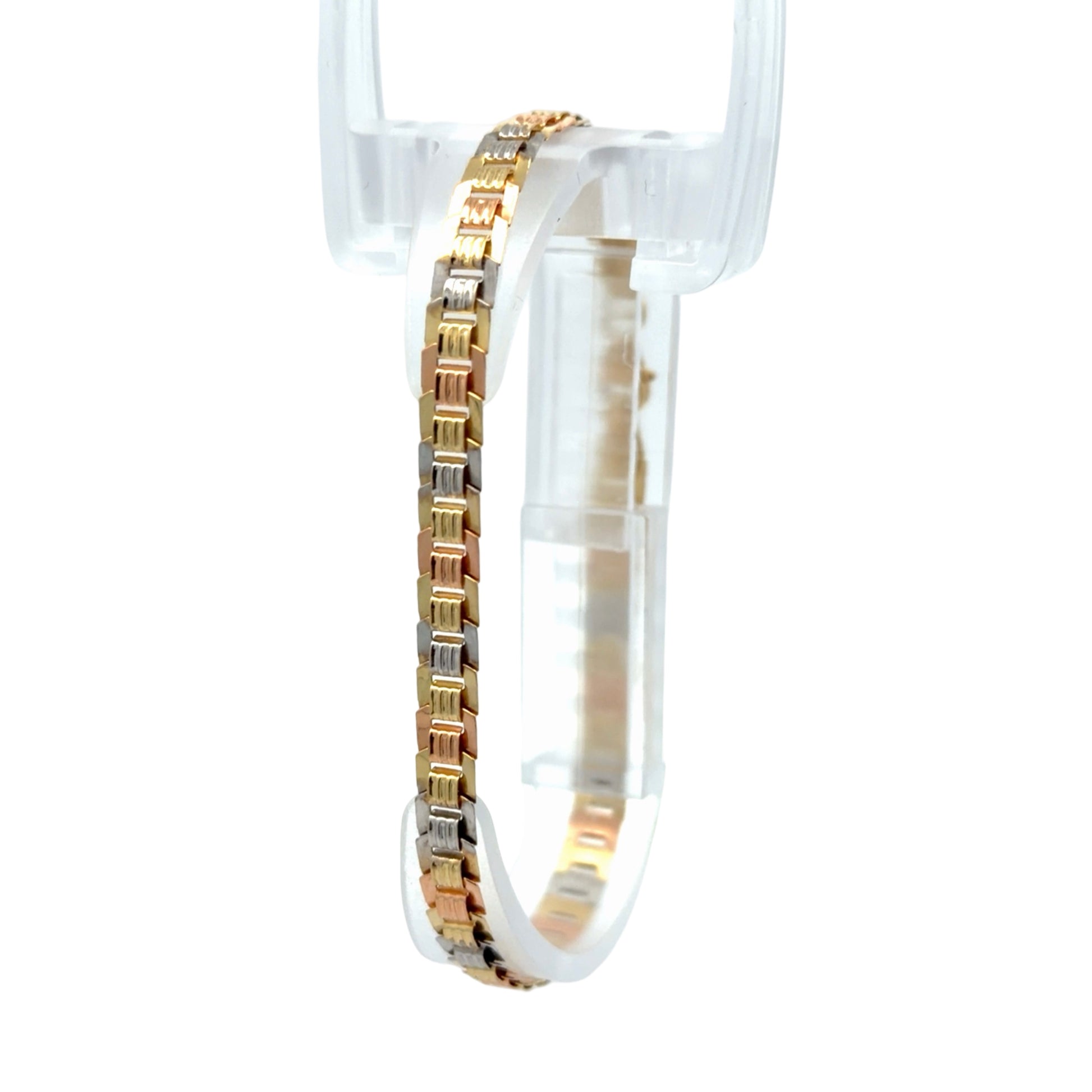 Tri-color gold flat bracelet on white background