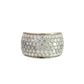 front of white gold diamond band ring with 3 rows of 15 round diamonds and 3 rows of 14 round diamonds on half the band