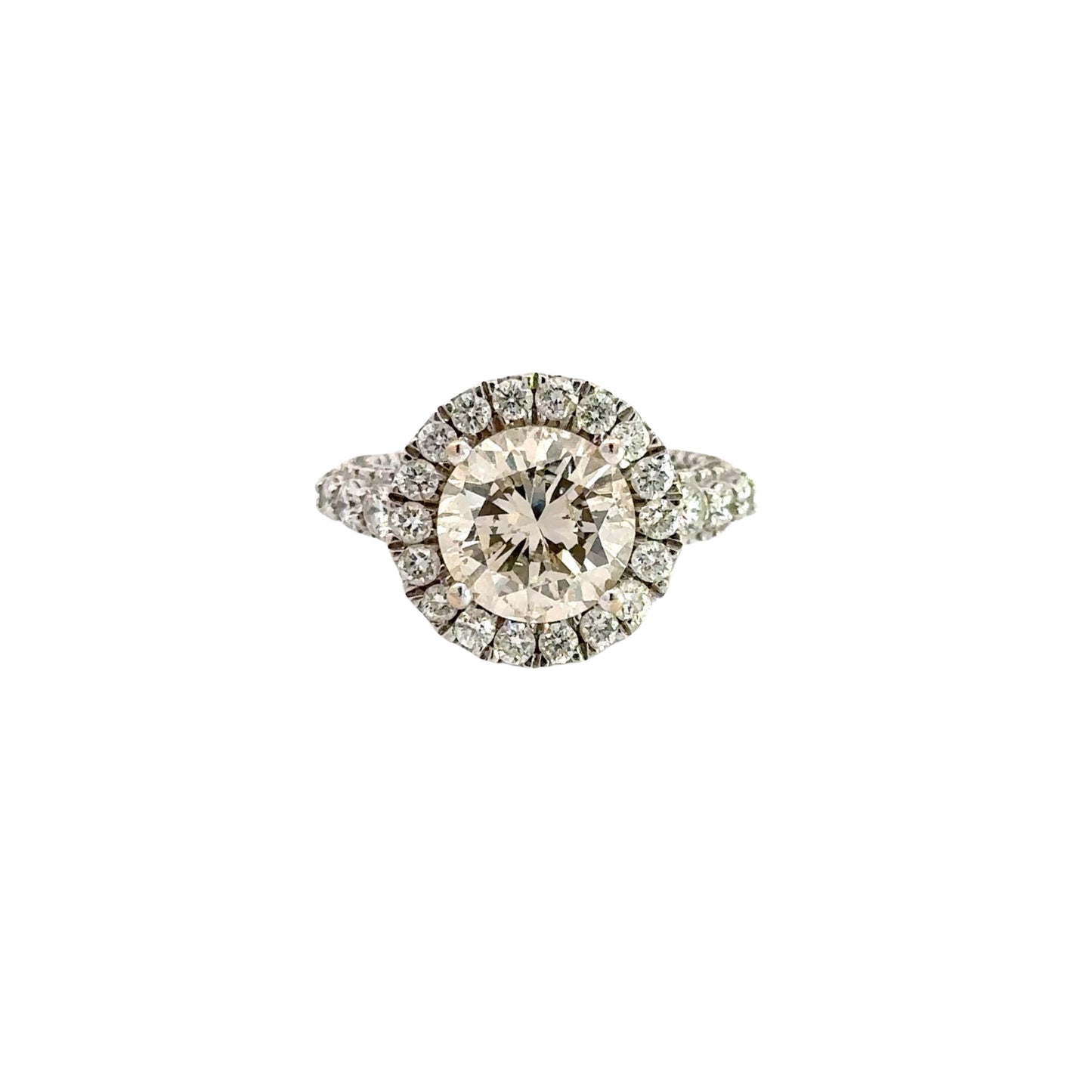 2.25 Carat Round Center-Stone Diamond with 18 round diamonds around center-stone in halo