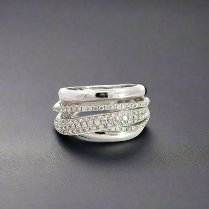 Front of criss-cross diamond ring with 5 rows of diamonds