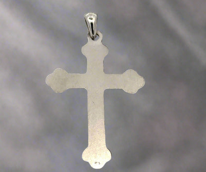 Back of white gold cross with small 14K stamp on bottom + light signs of wear.
