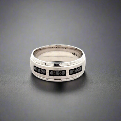 White Gold men's band ring with 9 small round black diamonds on the band