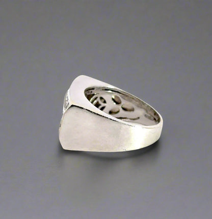 side of white gold ring with scratches