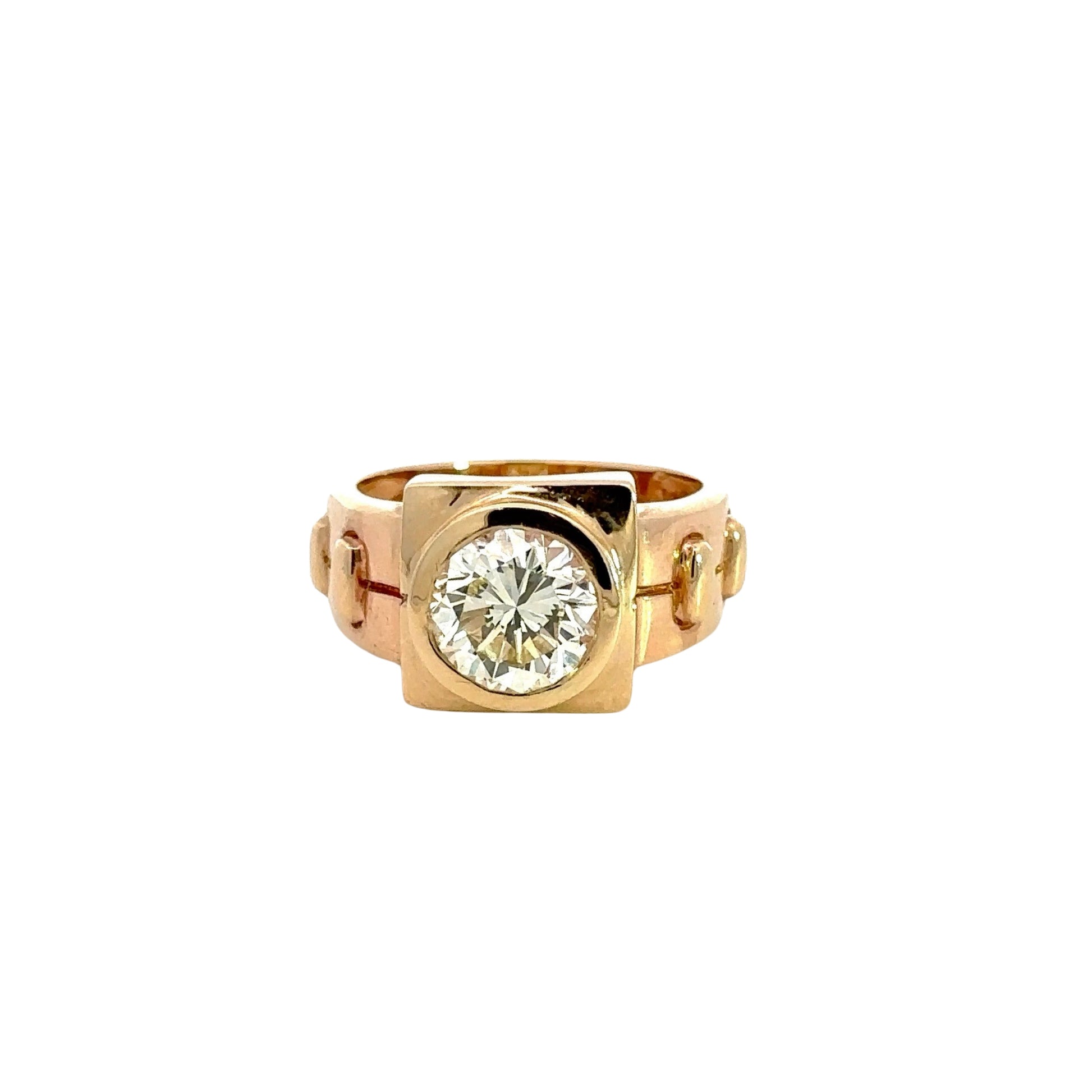 front of yellow gold diamond ring with solitaire round diamond 3.31 carat ring