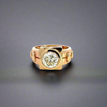 front of yellow gold diamond ring with solitaire round diamond 3.31 carat ring