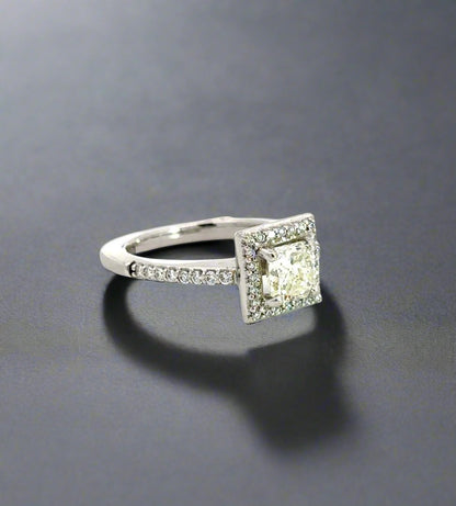 Diagonal view of white gold princess-cut ring