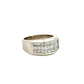 Diagonal view of white gold band ring with 3 rows of princess-cut diamonds