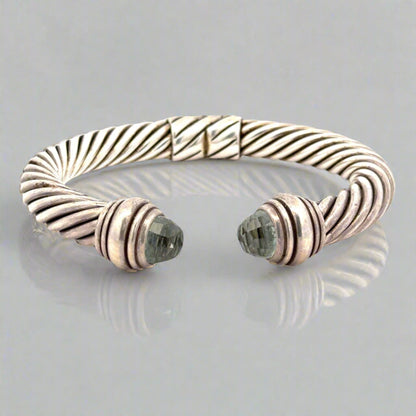 Front of silver bracelet with 2 Prasiolite Gemstones + scratches on silver