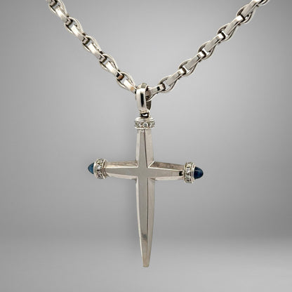 White gold link chain & cross pendant with diamonds and blue gemstones