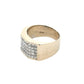 diagonal view of white gold ring with 14K stamp inside band