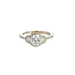 Front of white gold ring with 3 round diamond center stones, diamonds on the outline, and diamonds on the band