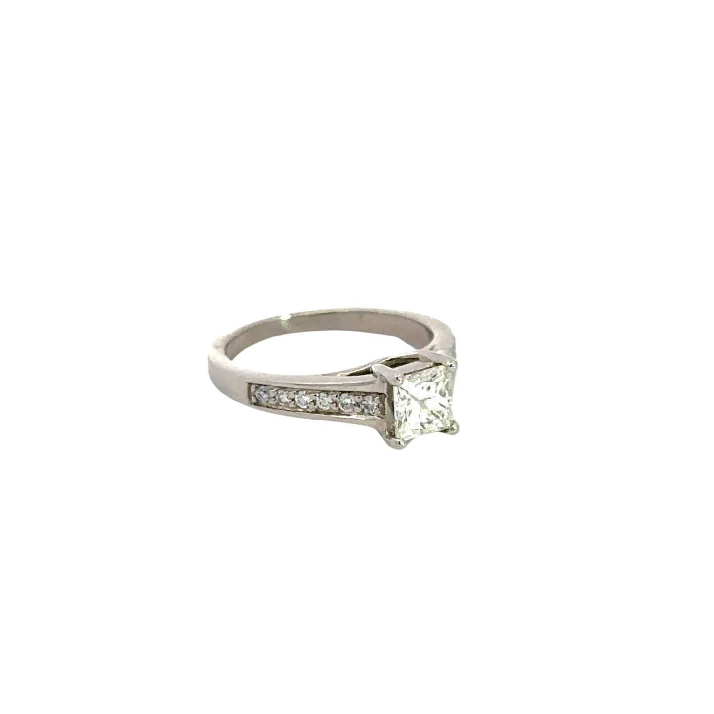 Diagonal view of princess-cut diamond ring