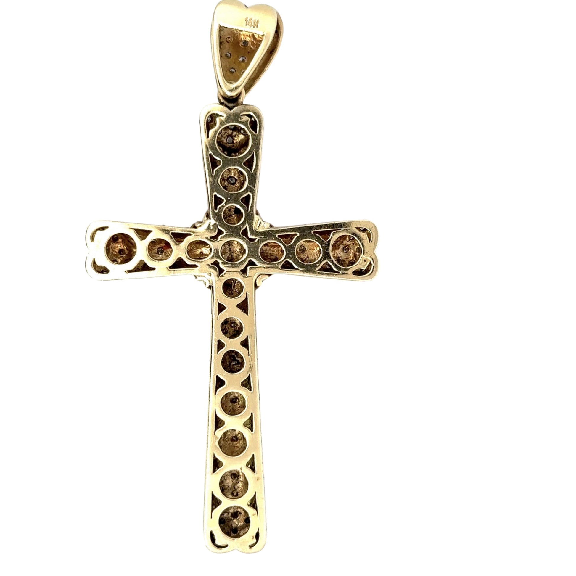 Back of cross with hollow gold and 14K stamp