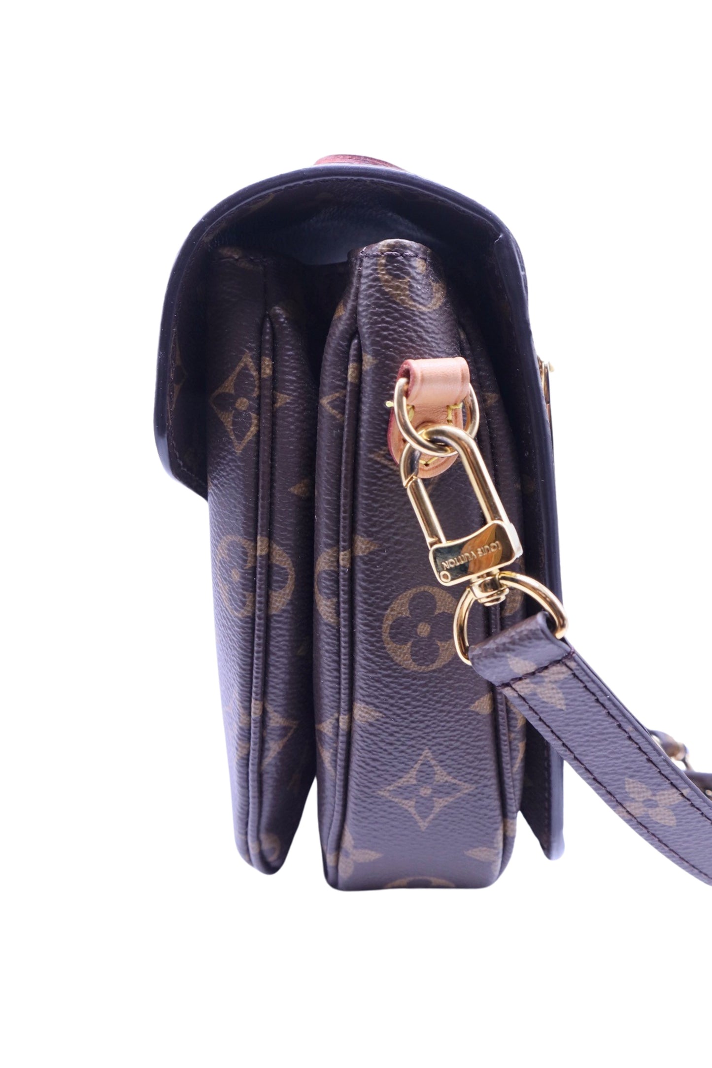 Side of handbag with Louis Vuitton removable strap with gold hardware