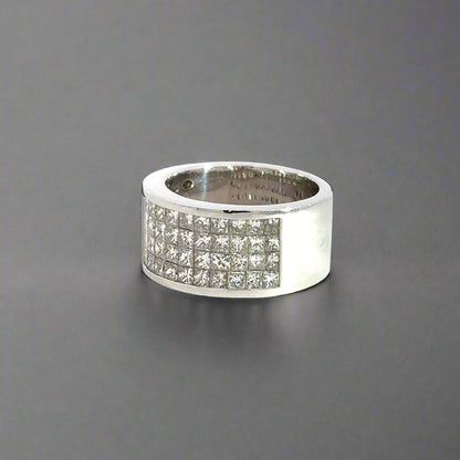 Diagonal view of diamond band ring with diamonds on half the band