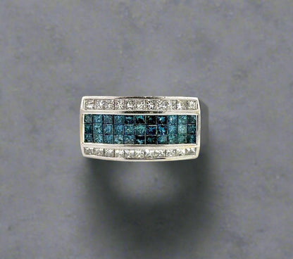 front of white gold ring with blue and white princess cut-diamonds on the front