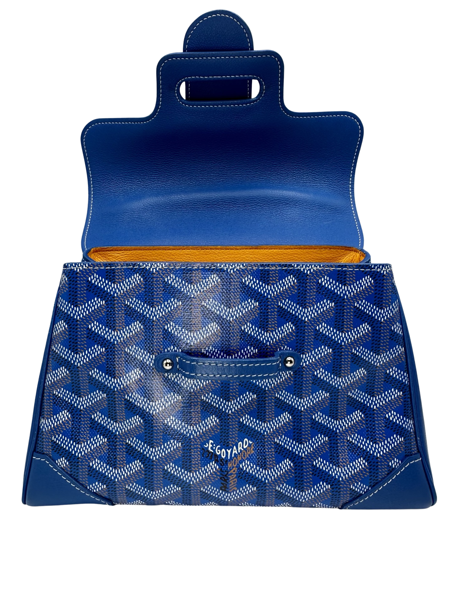 Pictured: The Goyard Goyardine Saigon Souple mini bag in sky blue with the top of the bag opened. No imperfections.