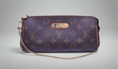 Brown Monogram Louis Vuitton clutch with gold strap