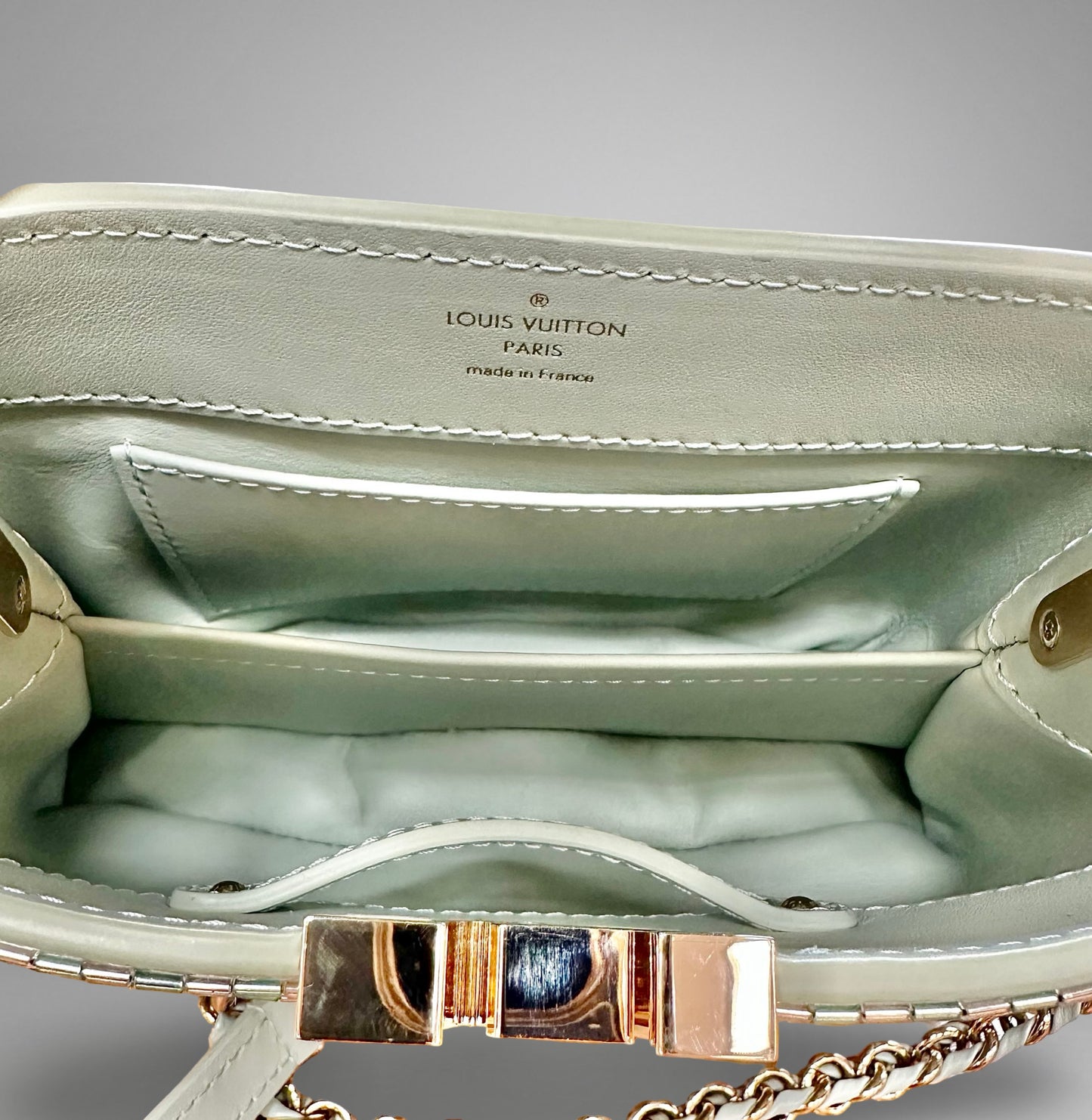 Louis Vuitton handbag with visible brand logo on a gray background