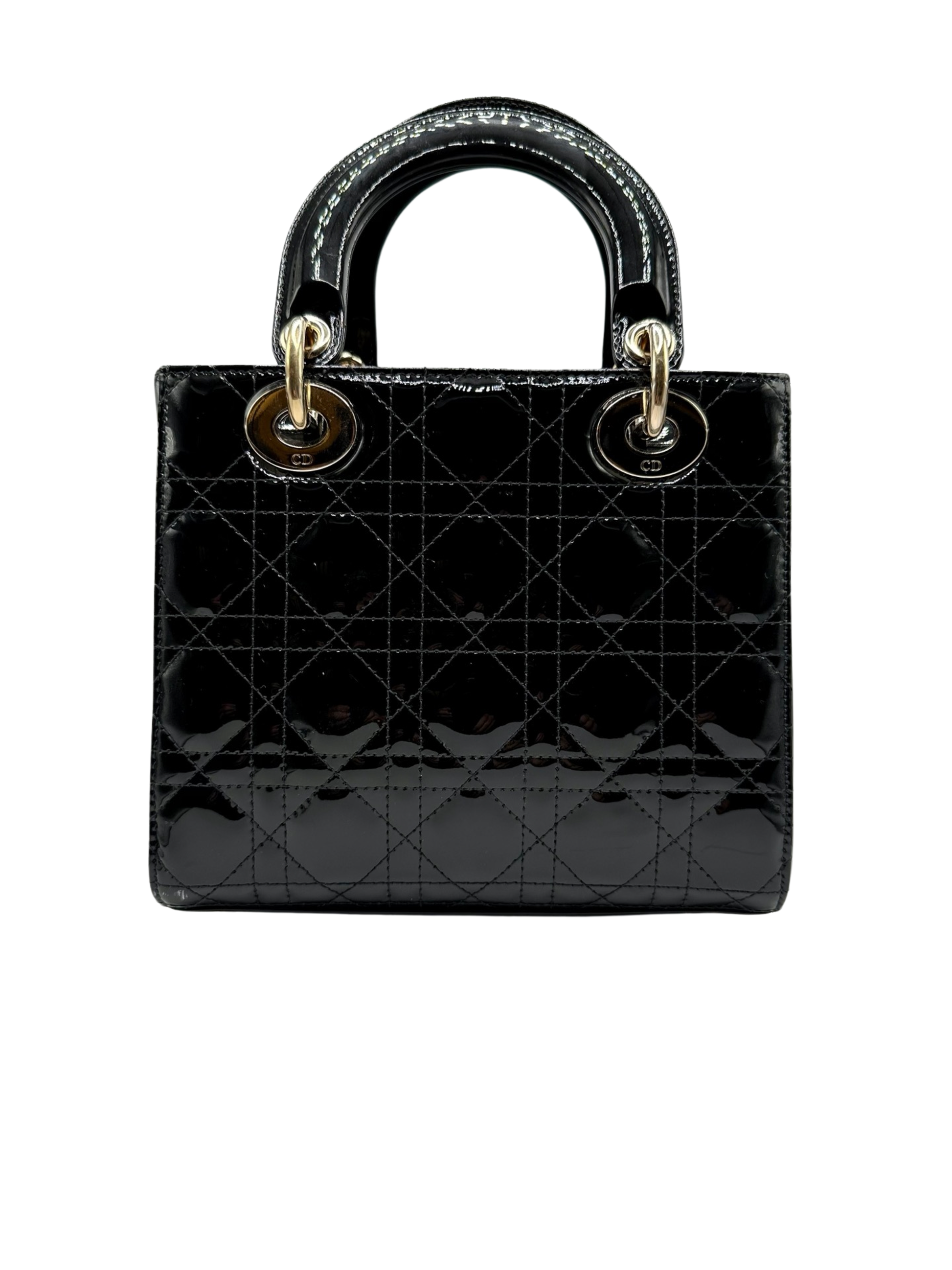 Back of small lady dior black patent leather bag